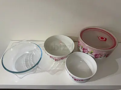 Set of 4 Ceramic and Glass Serving Bowls - Light Pink Floral, Good Condition