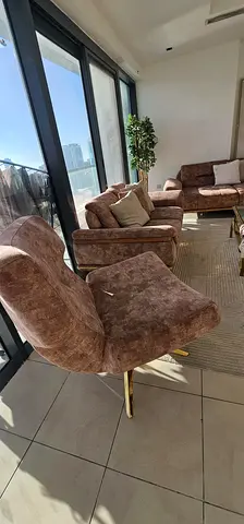 Brown velvet 3-piece living room sofa set with gold legs