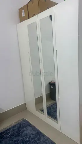 White 4-Door Wardrobe with Mirrors,king size bed+mattress with 2 side table — Good Condition