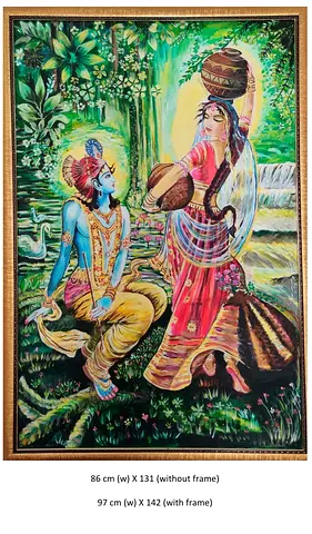 Vintage Indian Mythology Painting of Krishna and Radha — Framed