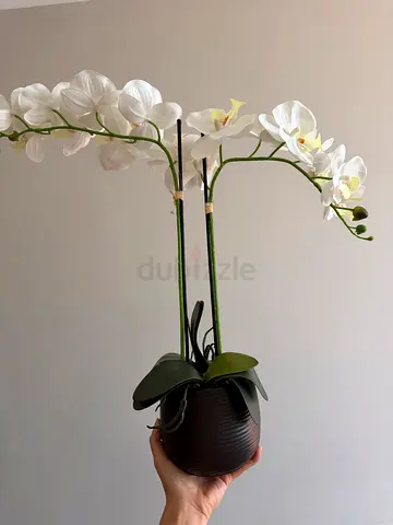 Artificial White Orchid Plant in Decorative Pot - Good Condition