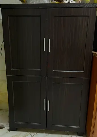 Dark Wood 4-Door Storage Cabinet- Compact Kitchen/Utility Cupboard