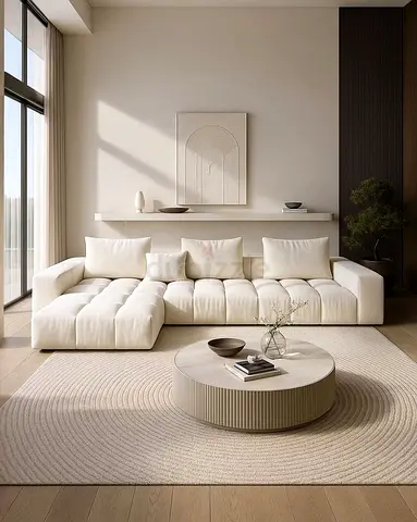 Light Beige Modular L-Shape Sofa with Cushions - Modern Minimalist