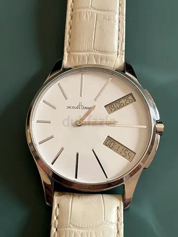 Jacques Lemans hybrid analog-digital watch with white leather strap