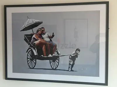 Framed Banksy-style Print: Rickshaw Couple Selfie (Large)