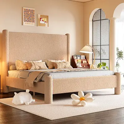 Tall rolled wings super king boucle bed frame