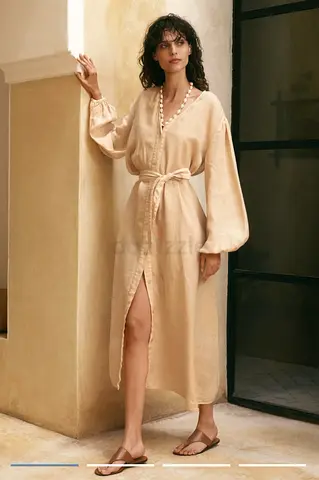 Manebi Beige Long Linen-Blend Belted Shirt Dress, Size Medium