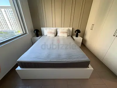 Minimalist White Double Bed Frame with Mattress and sidetables - Good Condition (IKEA Malm)
