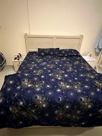 Queen bed frame with headboard and bedside table - good condition mattress