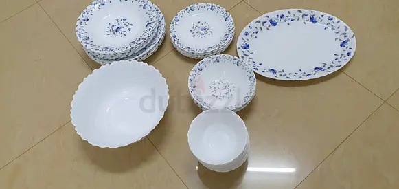 Reduced Price. White and Blue Floral Dinnerware Set - Plates and Bowls