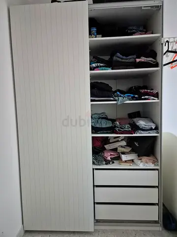 IKEA Large White Sliding Door Wardrobe with Shelves and Drawers