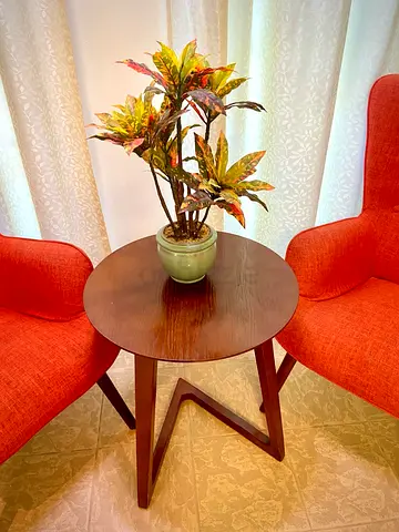 Pair of Orange Mid-Century Modern Accent Chairs with Side Table and Vase