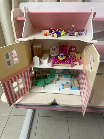 Wooden Dollhouse with Furniture and Dolls - Good Condition
