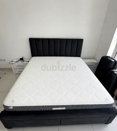 King size bed frame with headboard and mattress - grey fabric and 2 bedside table
