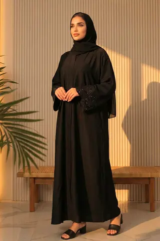 Elegant Black Abaya with Embroidered Cuffs