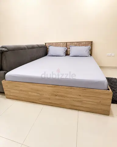 Wooden Platform Bed Frame with Upholstered Headboard and mattress- Queen size-  Excellent condition