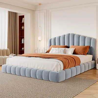 Modern upholstered platform bed with scalloped headboard - king size