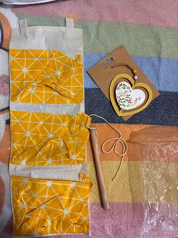 Unused Yellow Hanging Storage Bag and heart hanging deco