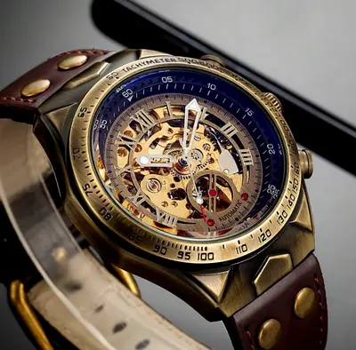 Mens mechanical skeleton wristwatch with leather strap