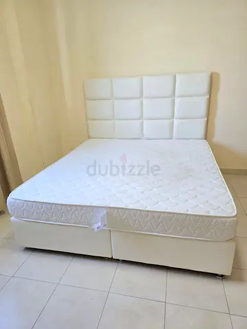 Faux leather White upholstered double bed with mattress - good condition