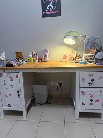 White Wooden Double Pedestal Study Desk with Drawers - Good Condition