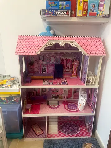 Large Wooden Dollhouse with Furniture - Pink Victorian Style