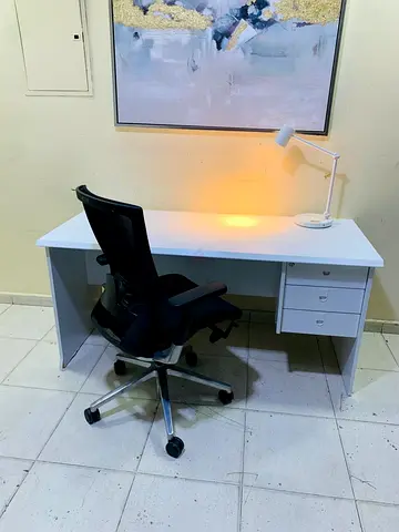 White Office Desk with Drawer Unit + Ergonomic Mesh Chair— Delivery free