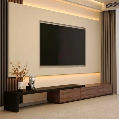 Modern low-profile wooden TV entertainment unit
