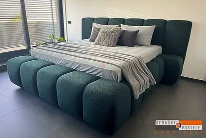 Modern Green Upholstered King Bed with Padded Headboard