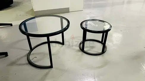 Set of 2 Round Glass Top Side Tables with Black Metal Frame