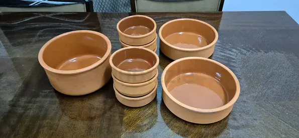 Set of 9 Brown Earthenware Serving Bowls (Various Sizes) - Good Condition
