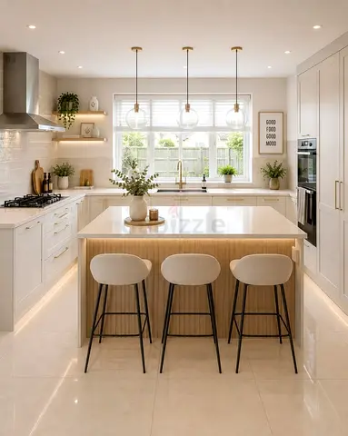 Modern kitchen island with three bar stools - light wood and white finish