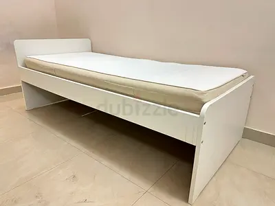 Single white wooden bed frame with mattress - good condition 90cm x 200cm large storage space under