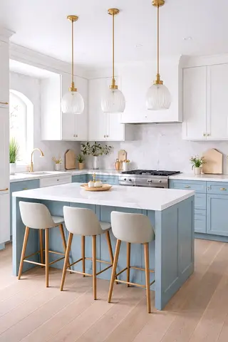 Light Blue Kitchen Island with Marble Top