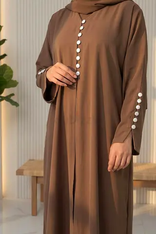 Elegant Brown Abaya with White Button Details