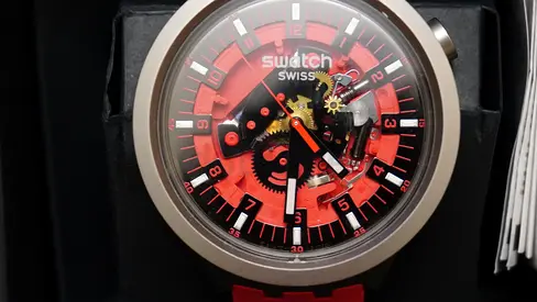 Swatch Swiss Mechanical Skeleton Mens Watch — Red  Black