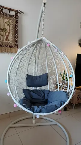 White Rattan Egg Swing Chair with Cushion — Free-Standing