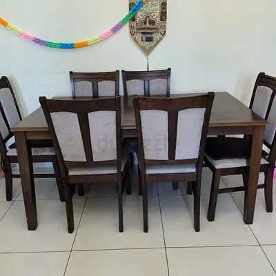 Solid Wood 6-Seater Dining Table with Upholstered Chairs