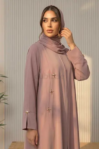 Elegant Mauve Abaya with Gold Star Accents and Matching Hijab