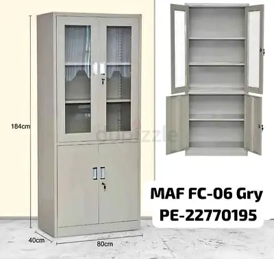 Steel Filing Cabinet with Glass Upper Doors and Lockable Lower Cupboards - 184cm H