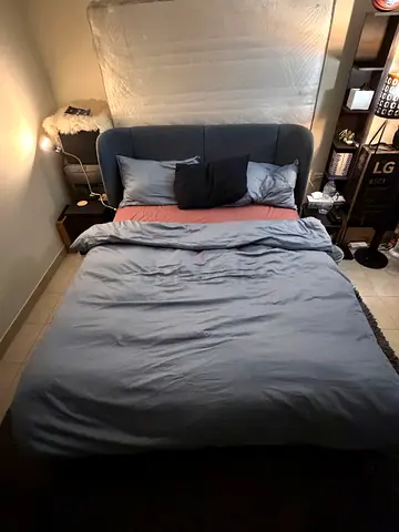 Ikea Queen Bed + Mattress — padded Blue/Grey fabric headboard