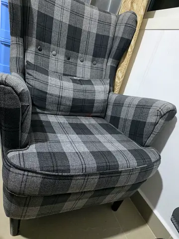 Gray Plaid Wingback Armchair — Very Good Condition