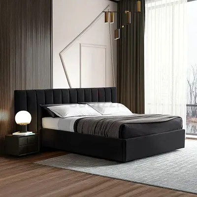 Modern Upholstered Queen Bed with Padded Headboard - Black