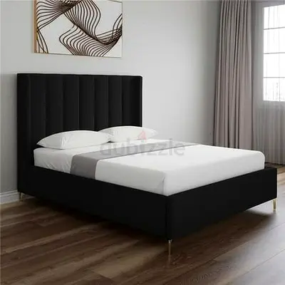 Modern Black Upholstered Queen Bed Frame with Tall Padded Headboard
