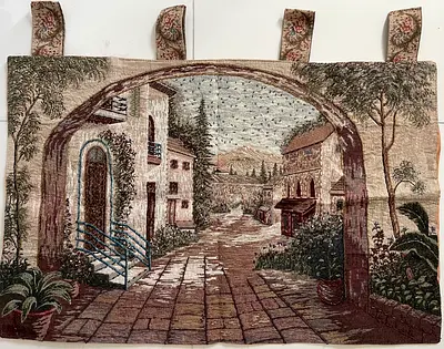 Tapestry Wall Hanging - Vintage Mediterranean Village Scene (with tabs)