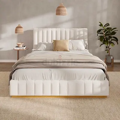 Queen upholstered bed frame with padded headboard - light beige