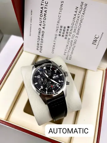 IWC Pilots Watch Chronograph Automatic – Black Dial  Leather Strap