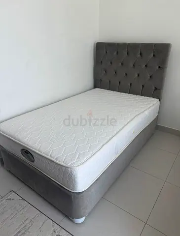 Single Upholstered Bed with Headboard and Mattress - Grey