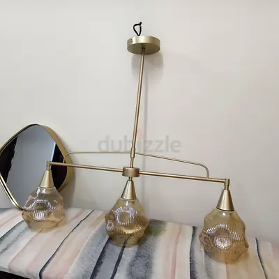 Three-Light Pendant Chandelier with Ribbed Glass Shades - Gold Finish