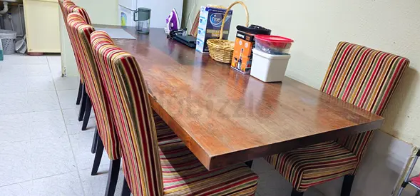 Dining Table with 6 Striped Upholstered Chairs at low price (240cm X 100cm X 5cm)